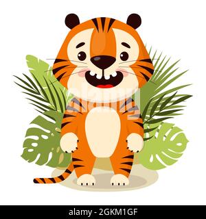 Niedliche Cartoon-Tiger mit Palmblättern, Vektor-Illustration. Stock Vektor