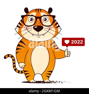 Cool Cartoon Tiger mit Brille und wie Symbol legt Daumen nach oben. Symbol des Jahres 2022, Chinesisches Neujahr. Vektorgrafik. Stock Vektor