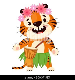 Niedlicher Cartoon-Tiger im traditionellen hawaiianischen Rock und Blumenkranz auf dem Kopf spielt die Trommel. Symbol von 2022, Jahr des Tigers. Vektorgrafik. Stock Vektor