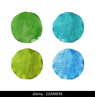 Abstrakte grüne und blaue Aquarell bemalte Kreise auf weißem Hintergrund isoliert gesetzt Stockfoto