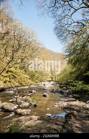 River Lyn fließt durch das östliche lyn-Tal in der Nähe von lynmouth im Norden des Flusses England Stockfoto
