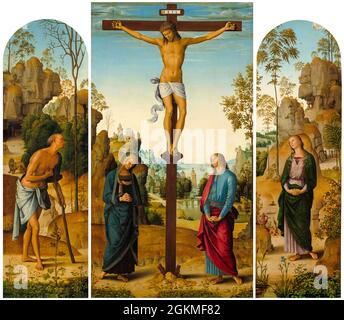 Perugino Gemälde, Kreuzigung mit der Jungfrau, dem Heiligen Johannes, dem Heiligen Jerome und der Heiligen Maria Magdalena, 1482-1485 Stockfoto