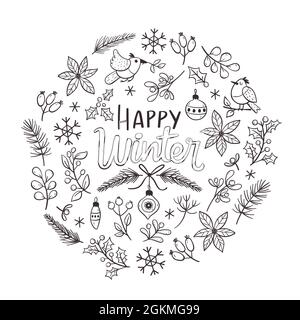 Handgezeichnete Winterkarte mit Winterblumen, Zweigen und weihnachtsdekoration. Doodle-Vektor-Illustration mit isolierten Elementen. Stock Vektor