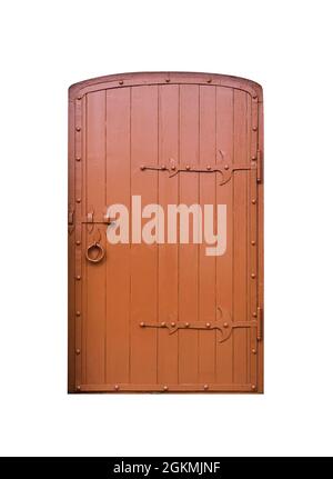 Alte braune Vintage Holztür auf weißem Hintergrund Stockfoto