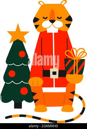 Tiger im Cartoon-Stil. Frohes Neues Jahr 2022. Chinesisches Horoskop. Vektor-isolierte Illustration. Frohe Weihnachten. Niedlichen Charakter mit weihnachtsbaum und Stock Vektor