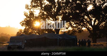 Soldaten der 561st Regional Support Group (RSG) aus Omaha, NE, schließen den Bau eines Mehrzweckzeltes auf einem Trainingsgelände in Ft. Hunter Liggett, CA, 29. Mai 2021. Die 561. RSG führt jährliche Schulungen durch, um die Standards der Armee und der Industrie in den Bereichen Logistik, Personalmanagement und Kommunikation zu erfüllen. Stockfoto