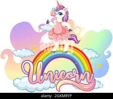 Cartoon-Figur von Einhorn auf Regenbogen mit Einhorn-Schrift stehen Abbildung Stock Vektor