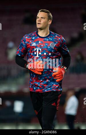 SPANIEN, FUSSBALL, CHAMPIONS LEAGUE, FC BARCELONA GEGEN FC BAYERN MÜNCHEN. FC Bayern München (1) Manuel Neuer beim Champions-League-Gruppenspiel zwischen dem FC Barcelona und dem FC Bayern München am 14. September 2021 im Camp Nou, Barcelona, Spanien. © Joan Gosa 2021 Stockfoto