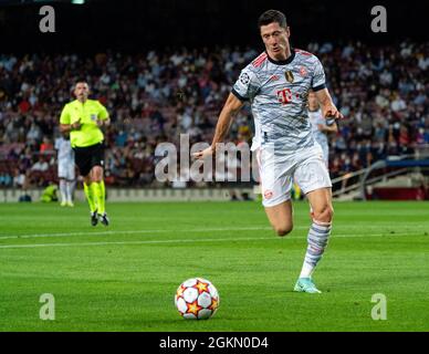 SPANIEN, FUSSBALL, CHAMPIONS LEAGUE, FC BARCELONA GEGEN FC BAYERN MÜNCHEN. FC Bayern München (9) Robert Lewandowski beim Champions-League-Gruppenspiel zwischen dem FC Barcelona und dem FC Bayern München am 14. September 2021 im Camp Nou, Barcelona, Spanien. © Joan Gosa 2021 Stockfoto