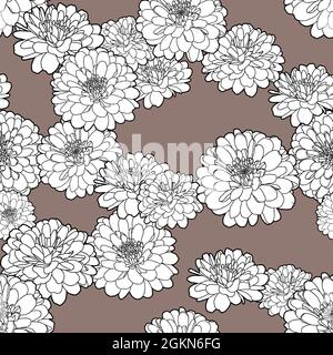 Nahtlos wiederholendes Muster mit handgezeichneten Chrysantheme-Blüten in Schwarz und Weiß auf taupe-farbigem Hintergrund. Dekorativer Druck für Tapete, Verpackung, Textil, Stoff. Vektor EPS10. Stock Vektor