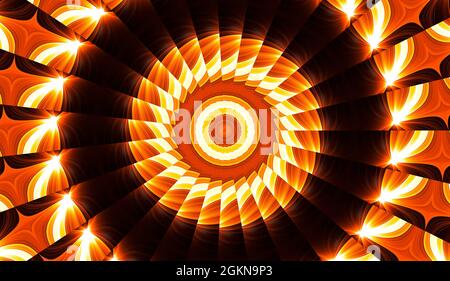 Illustration eines hellen fraktalen Kaleidoskops aus Fackeln und Sonne mit Spiralen. Stockfoto