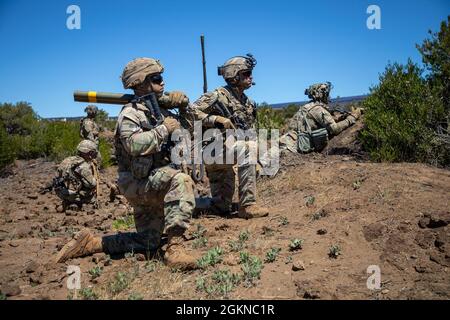 Soldaten, die der 3. Squadron, dem 4. Kavallerieregiment und dem 29. Brigadeingenieur Bataillon, der 3. Infanteriebrigade Combat Team, der 25. Infanteriedivision zugewiesen sind, führen eine Koordinationsübung zur Brandunterstützung durch, unterstützt von den Apache Attack Helicopters AH-64, die der 25. Luftwaffenbrigade, der 25. Infanteriedivision Hawaii am 4. Juni 2021. Diese Übung ermöglichte es Führungskräften auf Unternehmensebene und darunter, ein tieferes Verständnis dafür zu erlangen, wie verschiedene Vermögenswerte während eines großen, bewussten Betriebs ordnungsgemäß implementiert werden können. Stockfoto