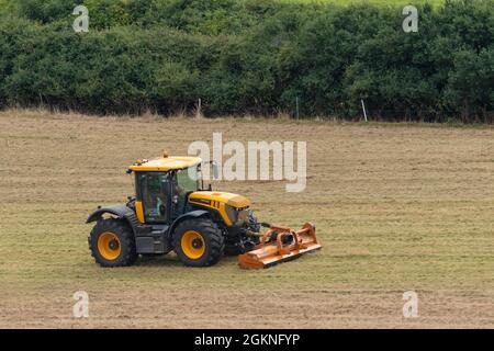 Ein JCB Fastrac 4220 Hochgeschwindigkeits-Landtraktor mit einem Teagle Flail Topper, der auf einem Feld in Newquay in Cornwall arbeitet. Stockfoto