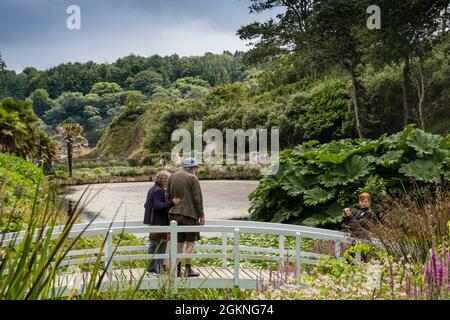 Besucher stehen auf der dekorativen Fußgängerbrücke über den Mallard Pond in den üppigen subtropischen Küstengärten von Trebah Gardens in Cornwall. Stockfoto