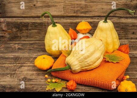 Herbstkomposition. Reife Kürbisse, warmer Strickpullover, Herbstblätter und Beeren. Thanksgiving oder Halloween gute Laune. Alter Holzhintergrund Stockfoto