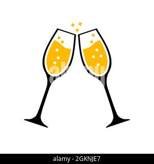 Zwei Gläser klatschen zusammen. Herzlichen Glückwunsch an einander. Zwei Gläser Champagner, Stock Vektor
