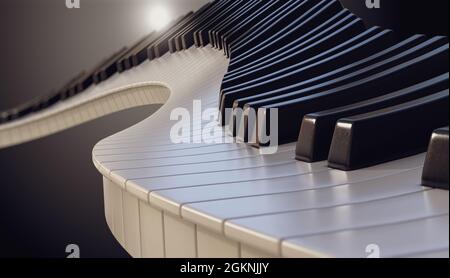 Ein Konzept einer Welle von Klaviertasten auf einem dunklen launischen Hintergrund - 3D Render Stockfoto