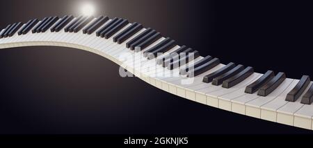 Ein Konzept einer Welle von Klaviertasten auf einem dunklen launischen Hintergrund - 3D Render Stockfoto