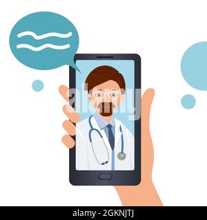 Online-Konsultation mit einem Arzt. Rufen Sie den Arzt über die Medienplattform am Telefon an. Stock Vektor
