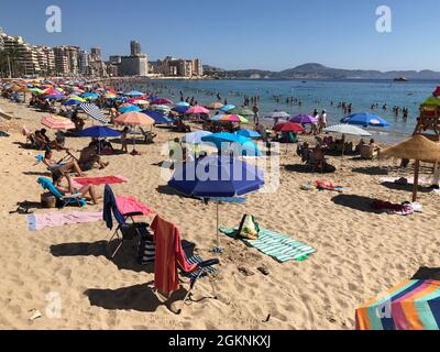 Blick auf den überfüllten Strand am Mittag im Sommerresort calpe, Spanien. Diese Stadt ist ein Teil des berühmten Touristenorts Costa Blanca. Stockfoto