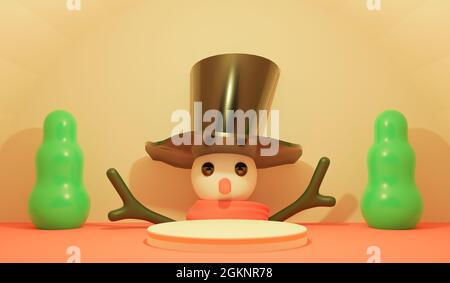 Frohe Weihnachten Hintergrund mit niedlichen Schneemann, Kreis Anzeige Podium und Bäume. 3d-Rendering Stockfoto