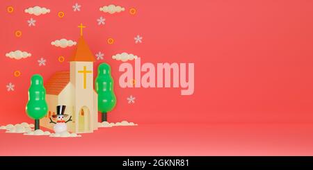 Fröhliche Weihnachten Hintergrund mit Kirche, Schneemann, Bäume, Schnee und Elemente. 3d-Rendering Stockfoto