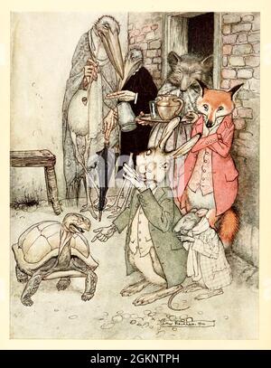 The Hare and the Tortoise - Frontispice Aesops Fabeln Veröffentlicht 1912 in London von Heinemann und in New York von Page Doubleday illustriert von Arthur Rackham, Stockfoto