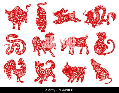 Chinesische Tierkreis Horoskop Tiere. Rote Papercut-Zeichen des Mondkalenders zwölf Sequenzen Vektor-Symbole. Ratte, Ochse und Tiger, Kaninchen, Drachen und Schlange, Pferd, Ziege und Affe, Hahn, Hund und Schwein Stock Vektor