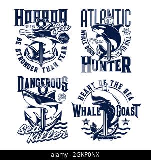 T-Shirt-Drucke mit Meerestieren, Killerwal, Hammerhai und Ankern. Vektor-Maskottchen zum Angeln oder Marine-Club mit Meeresraubtieren. Adventure Team druckt mit Typografie auf weißem Hintergrund Stock Vektor