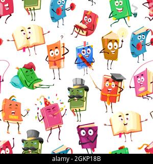 Cartoon Lehrbücher, Bestseller Bücher glückliche Charaktere nahtlose Muster, Vektor-Hintergrund. Schulbibliothek und Schulbücher lesen Roman oder Wörterbuch mit lustigen lächelnden Gesichtern über Unterricht oder Sport Stock Vektor