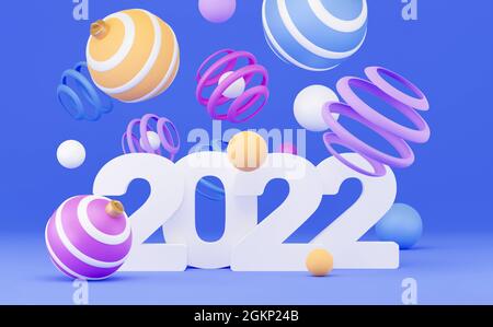 2022 Neujahr-Banner. 3d-Rendering, abstrakter, farbenfroher geometrischer Hintergrund, bunte Kugeln, Luftballons, primitive Formen, minimalistisches Design. Frohe ch Stockfoto