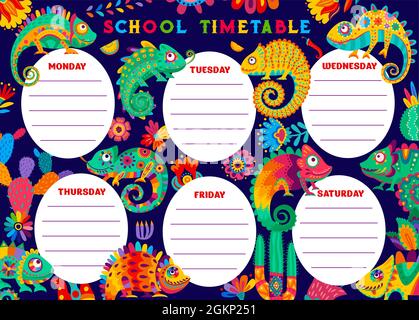 Zeitplan für die Ausbildung mit mexikanischen Chamäleoneidechsen, Kakteen und Blumenschmuck. Schule Vektor-Vorlage für die Schulplanung mit Cartoon Sukkulenten und Reptilien. Stundenplan für Kinderunterricht Stock Vektor
