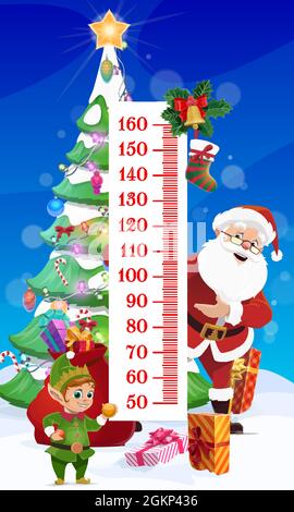 Größentabelle für Kinder. Weihnachtsbaum und Santa Vector Wand Aufkleber Wachstumsmesser für Kinder Höhenmessung mit Comic-Figuren lustige Elfe und Santa Claus, Geschenke in der Nähe von Maßstab und Weihnachten Dekor Stock Vektor