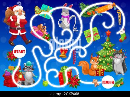 Weihnachtslabyrinth für Kinder mit Tieren Babys und Weihnachtsmann. Kinder finden Weg Aktivität, Kind Labyrinth Spiel. Weihnachtsmann, Kaninchen und Waschbär, Fuchs, Eichhörnchen und Igel, Urlaub Geschenke Cartoon-Vektor Stock Vektor