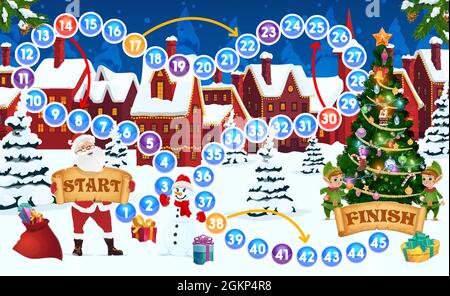 Kinder Weihnachten Urlaub Brettspiel Vorlage. Kinder Aktivität, Puzzle mit Würfeln werfen und bewegen auf der Karte Aufgabe, Kind Brettspiel. Santa, Elfen Dekoration Weihnachtsbaum und Schneemann Cartoon-Vektor Stock Vektor