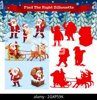 Kinder Spiel finden Sie die richtige Silhouette Vektor Cartoon Vorlage. Weihnachtsmann-Charakter im Wald und lustige Hirschen mit Schlitten auf verschneite Landschaft mit Tannen. Pädagogische Kinder Rätselkarte Stock Vektor