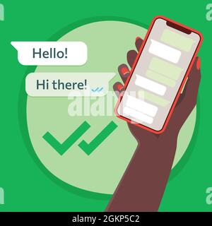 Eine Hand schwarzer Frau mit einem Smartphone und Whatsapp Chat-Bildschirm. Kommunikationskonzept. Vektorgrafik. Flache Farben. Grüner Hintergrund. Stock Vektor