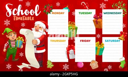 Bildung Schule Zeitplan Vektor-Vorlage mit Weihnachtsmann und Elf Lesen Brief blättern und Weihnachtsartikel herum. Weihnachten Kinder Zeitplan, Zeitplan für den Unterricht, Wochenplaner, Cartoon Frame Design Stock Vektor