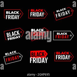 Black Friday Sale Banner, Weekend Shop bieten Labels für Promo, Vektor-Tags. Black Friday-Rabatt und Store-Werbeplakate für abgekürte Preise, rote und weiße Banner der Shopping-Clearance-Deal Stock Vektor