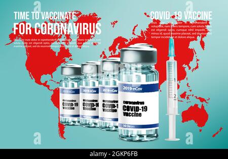 Coronavirus-Impfung, Impfstoffflasche und -Spritze, Covid-Prävention und -Schutz. Es ist an der Zeit, ein medizinisches Poster mit roter Weltkarte, realistischer 3d-Glaskolben-Reihe und Spritzer zu impfen Stock Vektor