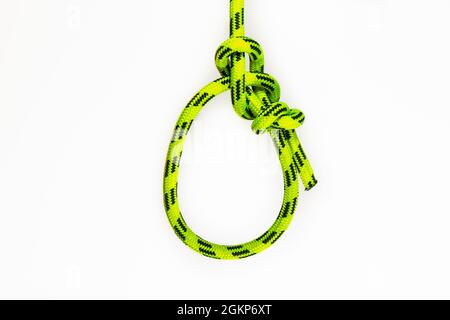 Bowline. Ein Knoten aus synthetischem gelbem Seil isoliert auf weißem Hintergrund. Die Bowline ist ein alter und einfacher Knoten, der am Ende eine feste Schleife bildet Stockfoto