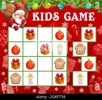 Weihnachten Sudoku oder Labyrinth-Spiel mit Vektor-Santa und Weihnachten Geschenke. Kinder Bildung Mind Game, Logik-Puzzle oder Rätsel mit Santa Claus Cartoon-Charakter, Weihnachtsbaumkugeln, Geschenkboxen, Engel und Cookie Stock Vektor