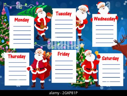Schulunterricht Zeitplan oder Zeitplan mit Cartoon-Vektor Santa, Weihnachtsbaum und Geschenke. Kinder Lernplan oder Student Planer mit Wochendiagramm l Stock Vektor