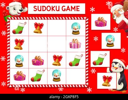 Kinder Spiel Vektor Rätsel mit Cartoon weihnachtsfiguren, Geschenke und Souvenirs auf karierten Brett. Pädagogische Aufgabe, Kinder Kreuzworträtsel Teaser für Freizeit-Aktivität, Freizeit Erholung, Brettspiel Stock Vektor