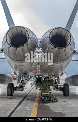 Der Korporal Joey Chow, Air Weapons Systems Technician von 433 Tactical Fighter Squadron, 3 Wing, Bagotville, führt nach der Ankunft in 5 Wing, Goose Bay, Neufundland und Labrador eine Inspektion auf einer Royal Canadian Air Force CF-18 Hornet für die Übung Amalgam Dart 21 durch, 12. Juni 2021. Übung Amalgam Dart wird vom 10. Bis 18. Juni 2021 laufen, wobei die Operationen in der gesamten Arktis von der Beaufort-See bis nach Thule, Grönland, reichen. Amalgam Dart 21-01 bietet NORAD die Möglichkeit, die kontinentalen Verteidigungsfähigkeiten zu verbessern, während kanadische und US-Streitkräfte in der Arktis zusammenarbeiten. Ein binationales Kana Stockfoto