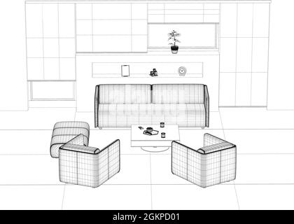 Innenausstattung mit Sesseln, Sofa, Tisch und Fernseher. Wireframe des Gastzimmers zur Entspannung. 3D. Vektorgrafik. Stock Vektor