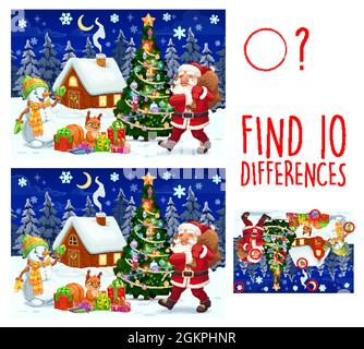 Kinder Spiel finden zehn Unterschiede. Vektor-Cartoon Weihnachtsfiguren Weihnachtsmann, Schneemann und Eichhörnchen auf verschneite Landschaft mit verzierten Tannenbaum und Haus. Pädagogische Kinder rätseln Freizeitbeschäftigung Stock Vektor