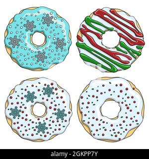 Set Cartoon bunte Weihnachten Donuts. Isolierte Vektorobjekte auf weißem Hintergrund. Stock Vektor