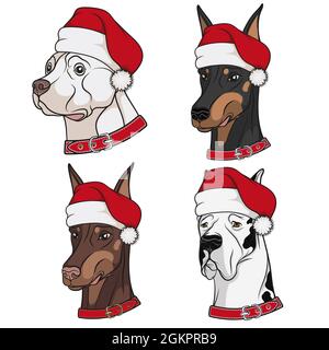 Set von Illustrationen mit niedlichen Hunden in Weihnachtsmützen. Isolierte vektorfarbige Objekte auf weißem Hintergrund. Stock Vektor