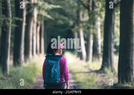 Frau im Wald spazieren Stockfoto